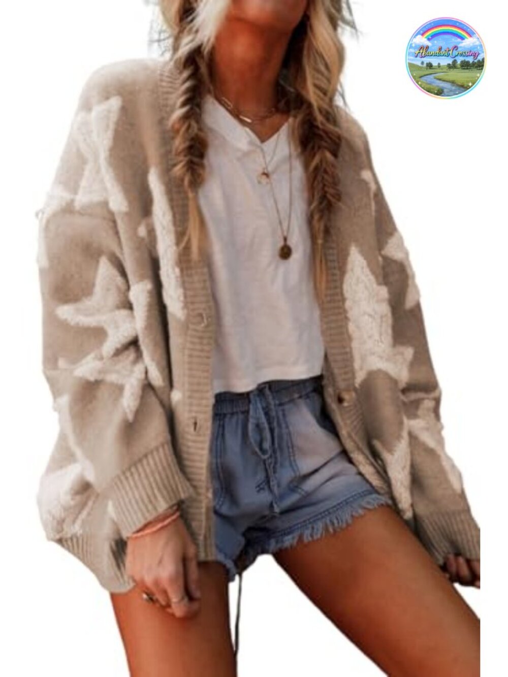 Women Star Pattern Open Front Knit Cardigan Loose Fit